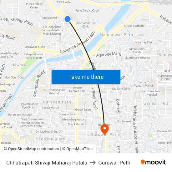 Chhatrapati Shivaji Maharaj Putala to Guruwar Peth map