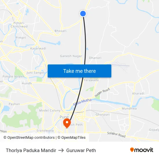 थोरल्या पादुका मंदिर to गुरुवार पेठ map