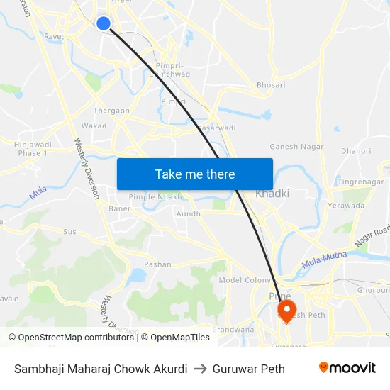 Sambhaji Maharaj Chowk Akurdi to Guruwar Peth map