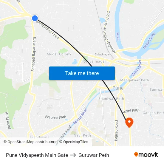 Pune Vidyapeeth Main Gate to Guruwar Peth map