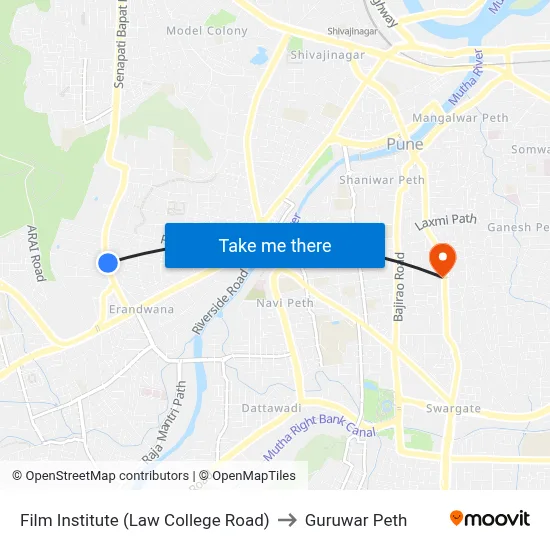 फिल्म इंस्टिट्यूट (लॉ कॉलेज रोड) to गुरुवार पेठ map