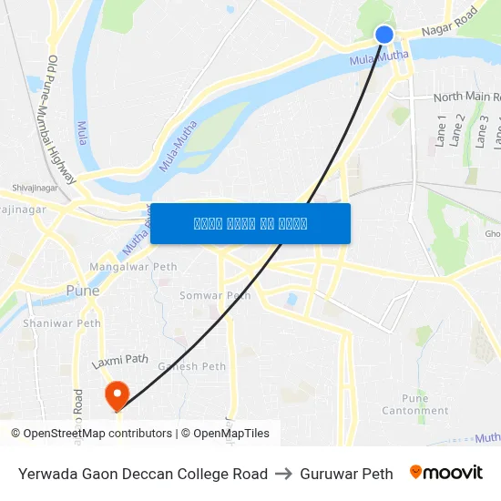 येरवाडा गाँव डेक्कन कॉलेज रोड to गुरुवार पेठ map