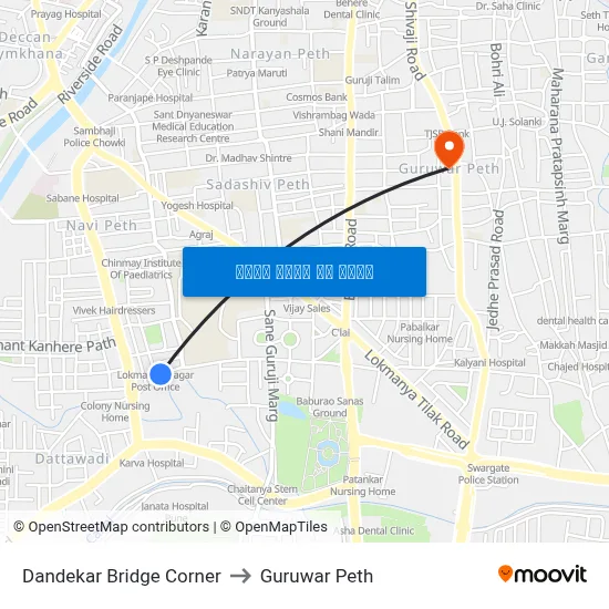 दांडेकर ब्रिज कॉर्नर to गुरुवार पेठ map
