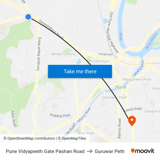 पुणे विद्यापीठ गेट पाषाण रोड to गुरुवार पेठ map