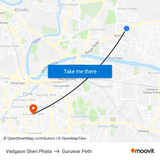 वडगाव शेरी फाटा to गुरुवार पेठ map