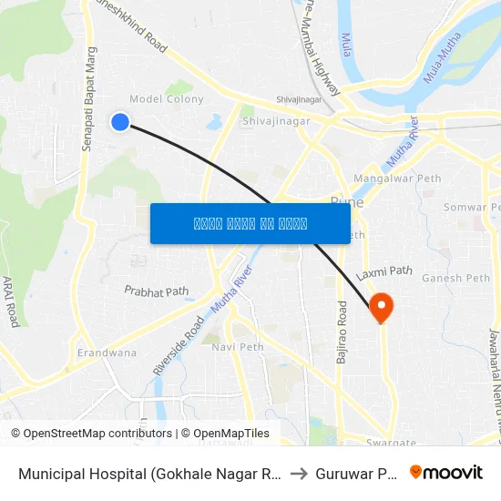 म्युनिसिपल हॉस्पिटल (गोखले नगर रोड) to गुरुवार पेठ map