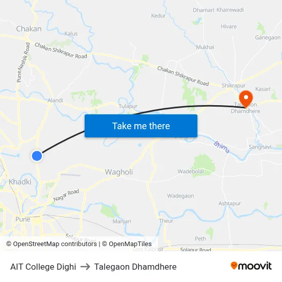 एआईटी कॉलेज दिघी to तालेगाव धामधेरे map