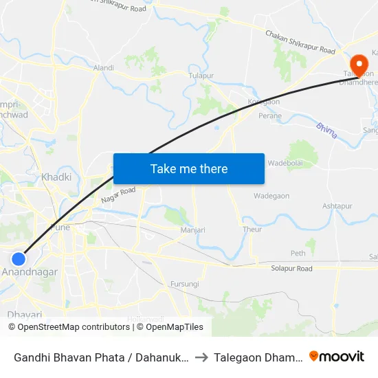 गांधी भवन फाटा / दहानुकर कॉलोनी to तालेगाव धामधेरे map