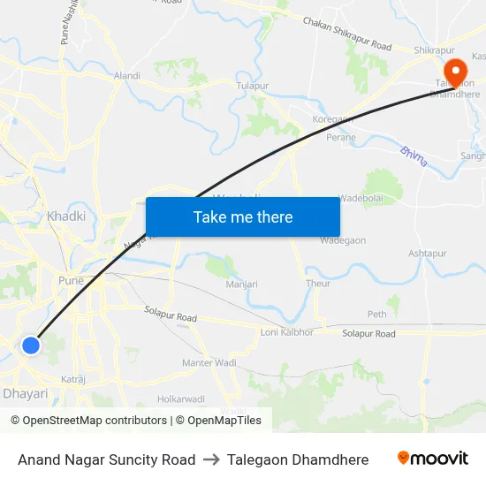आनंद नगर सनसिटी रोड to तालेगाव धामधेरे map