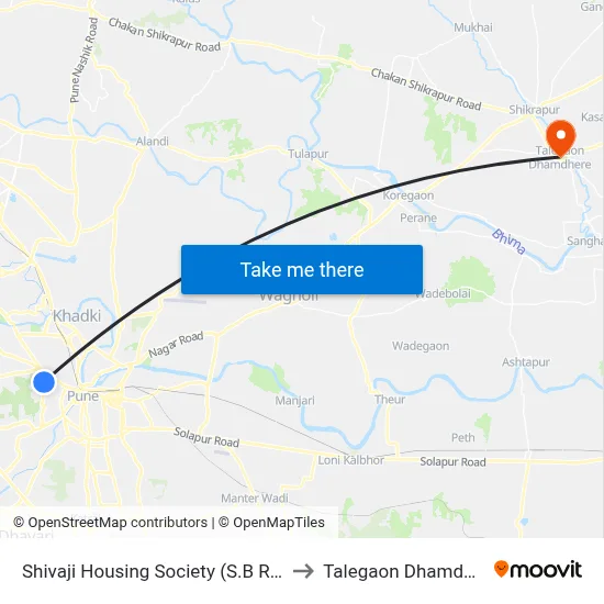 शिवाजी हाउसिंग सोसायटी (एस.बी रोड) to तालेगाव धामधेरे map