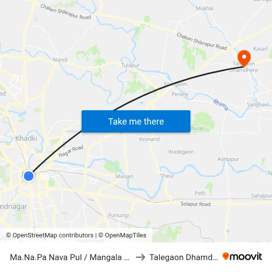 म.न.पा नवा पूल / मंगला टॉकीज to तालेगाव धामधेरे map