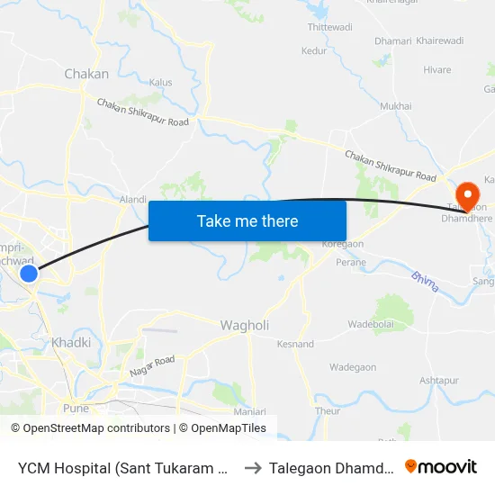 वाय.सी.एम हॉस्पिटल (संत तुकाराम नगर) to तालेगाव धामधेरे map