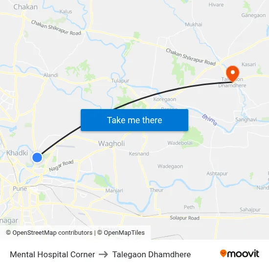 मेंटल हॉस्पिटल कॉर्नर to तालेगाव धामधेरे map