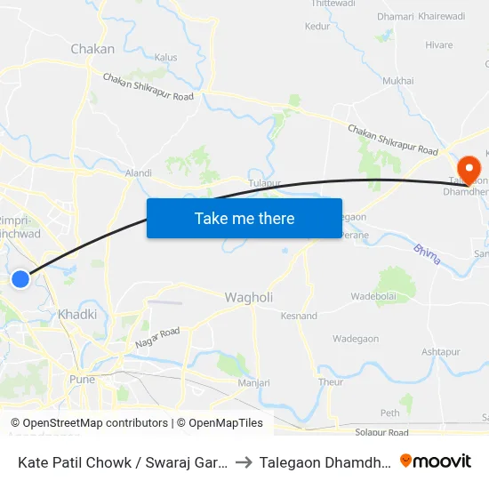 काटे पाटिल चौक / स्वराज गार्डन to तालेगाव धामधेरे map