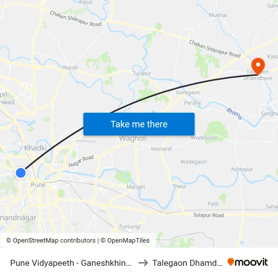 Pune Vidyapeeth - Ganeshkhind Road to तालेगाव धामधेरे map