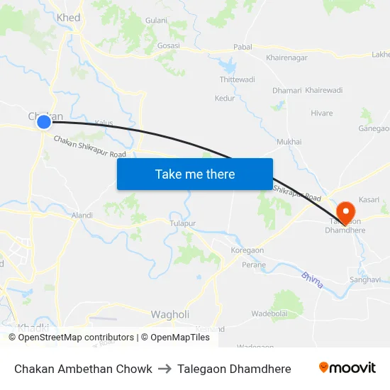 चाकण अंबेठाण चौक to तालेगाव धामधेरे map