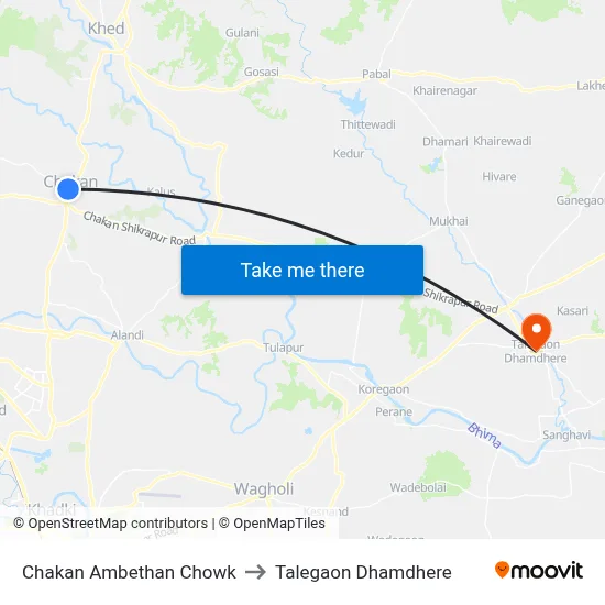 चाकण अंबेठाण चौक to तालेगाव धामधेरे map