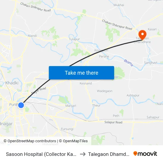 ससून हॉस्पिटल (कलेक्टर कचेरी) to तालेगाव धामधेरे map