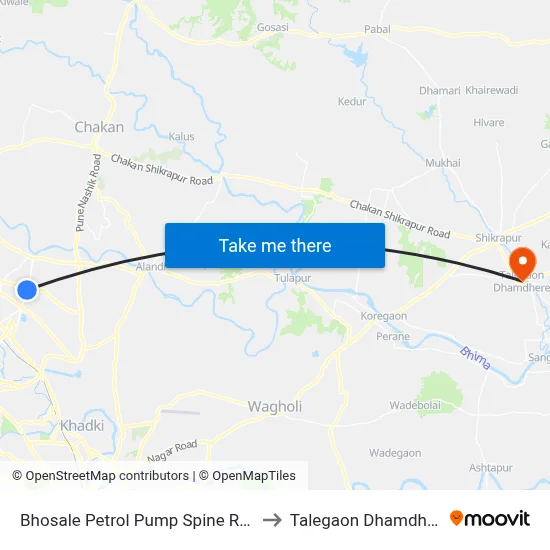 भोसले पेट्रोल पंप स्पाइन रोड to तालेगाव धामधेरे map