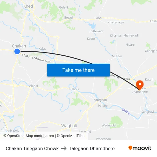 चाकण तळेगाव चौक to तालेगाव धामधेरे map