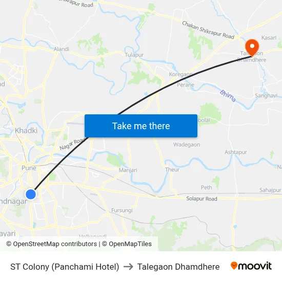 एसटी कॉलोनी (पंचमी होटल) to तालेगाव धामधेरे map