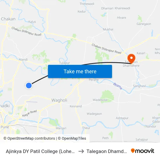 अजिंक्य डीवाय पाटील कॉलेज (लोहगाव) to तालेगाव धामधेरे map