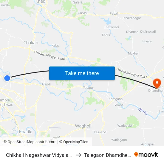 चिखली नागेश्वर विद्यालय to तालेगाव धामधेरे map