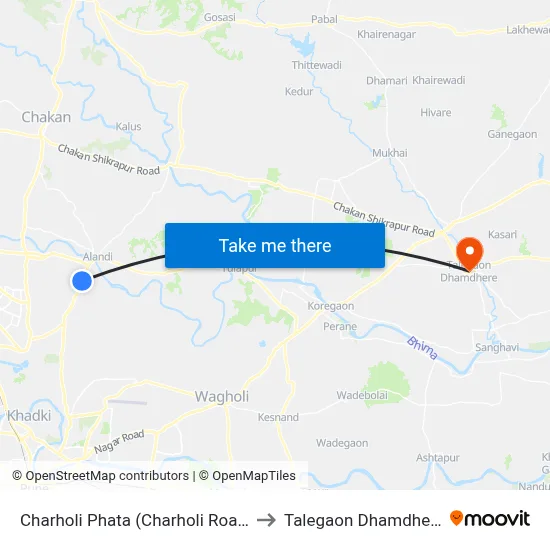 चऱ्होली फाटा (चऱ्होली रोड) to तालेगाव धामधेरे map