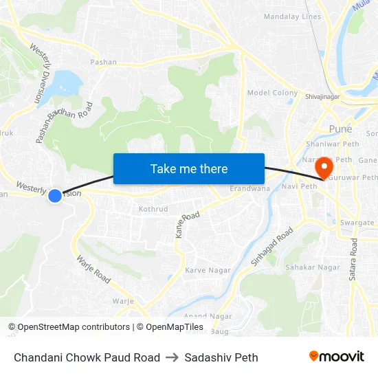 Chandani Chowk Paud Road to Sadashiv Peth map