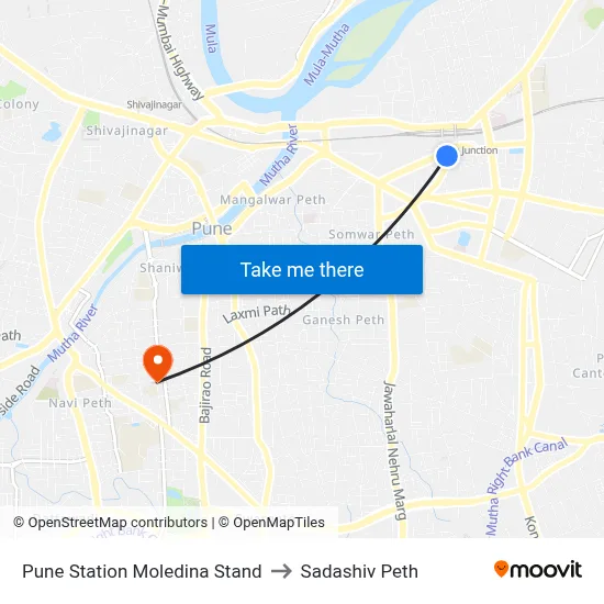 Pune Station Moledina Stand to Sadashiv Peth map