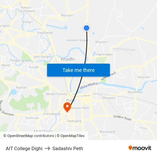 एआईटी कॉलेज दिघी to सदाशिव पेठ map