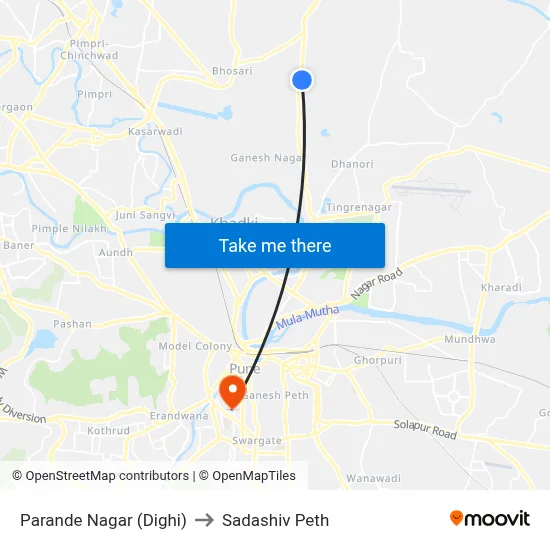 परांडे नगर (दिघी) to सदाशिव पेठ map