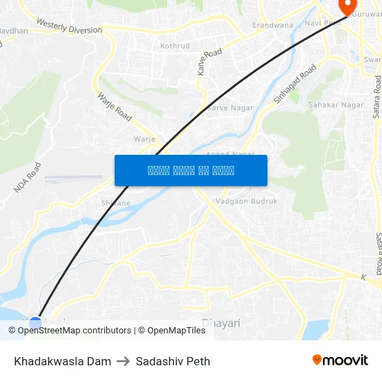 खड़कवासला बांध to सदाशिव पेठ map