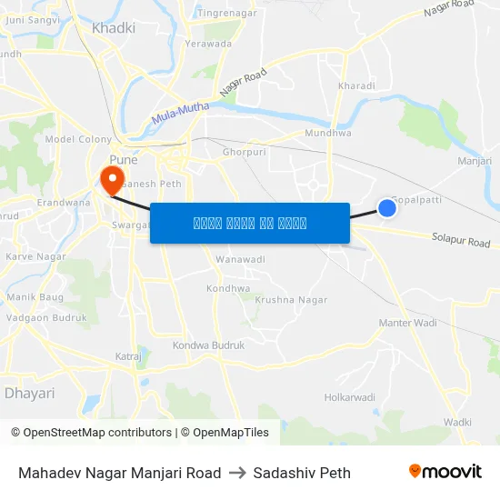 महादेव नगर मांजरी रोड to सदाशिव पेठ map