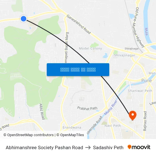 अभिमानश्री सोसायटी पाषाण रोड to सदाशिव पेठ map