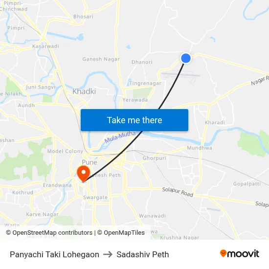 पाण्याची टाकी लोहगाव to सदाशिव पेठ map