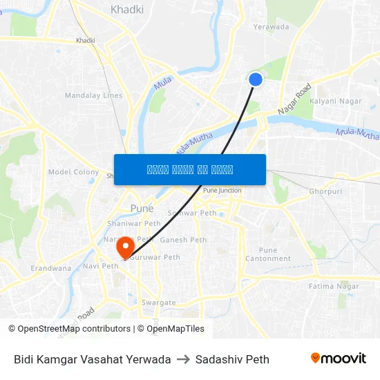 बीडी कामगार वसाहत येरवडा to सदाशिव पेठ map