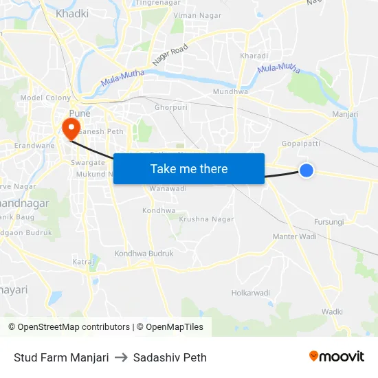 स्टड फार्म मांजरी to सदाशिव पेठ map