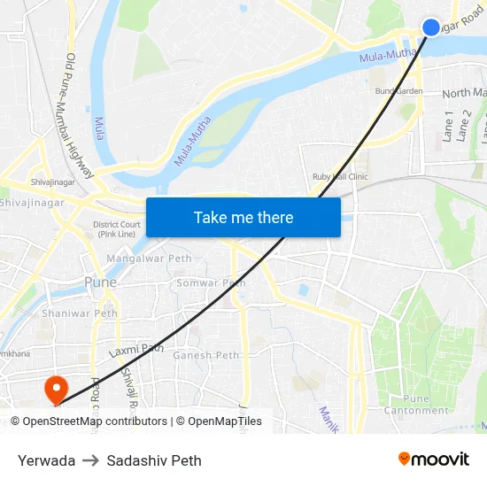 येरवडा to सदाशिव पेठ map