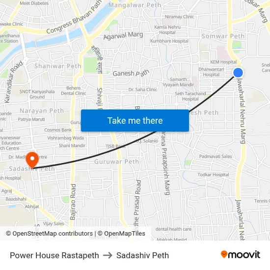 पावर हाउस रास्तापेठ to सदाशिव पेठ map