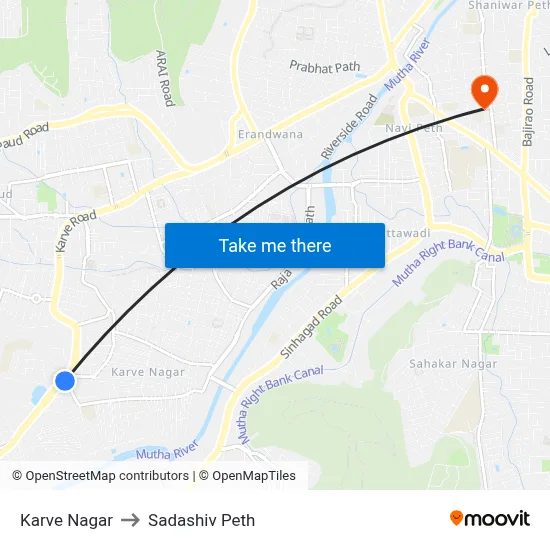 कर्वे नगर to सदाशिव पेठ map