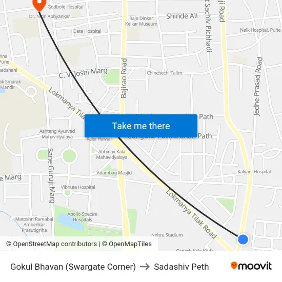 गोकुल भवन (स्वारगेट कॉर्नर) to सदाशिव पेठ map