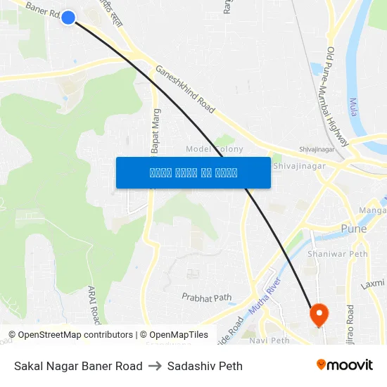 साकाळ नगर बाणेर रोड to सदाशिव पेठ map