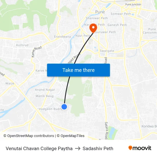 वेणुताई चव्हाण कॉलेज पायथा to सदाशिव पेठ map