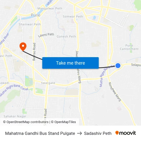 महात्मा गांधी बस स्टैंड पुलगेट to सदाशिव पेठ map