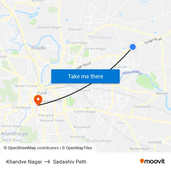 खांडवे नगर to सदाशिव पेठ map