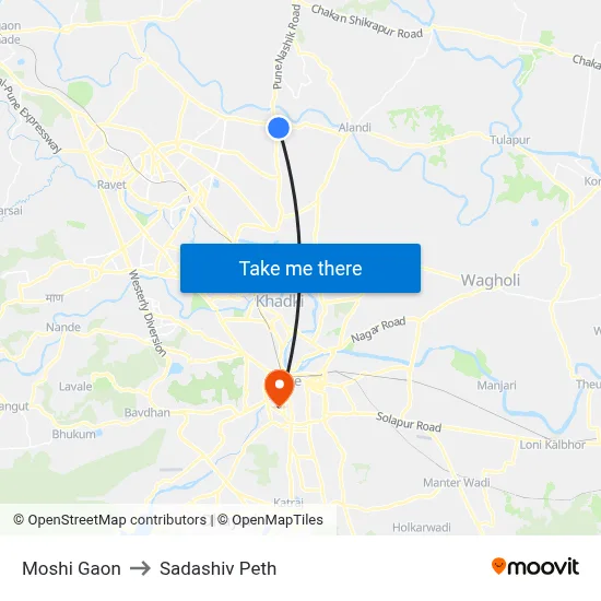 मोशी गाँव to सदाशिव पेठ map