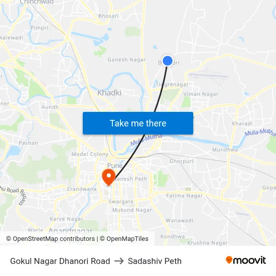 गोकुल नगर धानोरी रोड to सदाशिव पेठ map