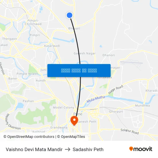 वैष्णो देवी माता मंदिर to सदाशिव पेठ map