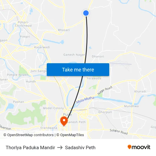 थोरल्या पादुका मंदिर to सदाशिव पेठ map